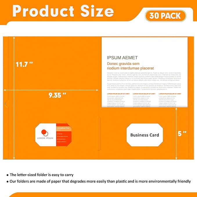 Two Pocket Folders, PANDRI 30 Pack 2 Pocket Folders, Letter Size Paper File Folder for School Office Home Business, Orange