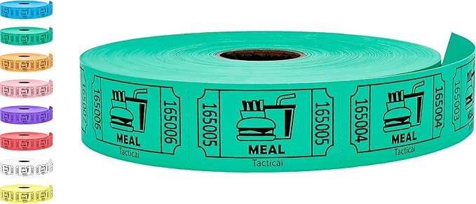Tacticai 1000 Raffle Tickets, Meal, Green (1 of 8 Colors), Single Roll, Ticket for Events, Food, Class Reward, Fundraiser & Prizes