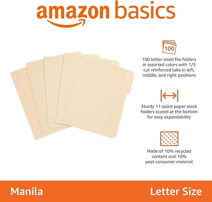 Amazon Basics File Folders with Tabs for Filing, 1/3-Cut Tab, Assorted Positions, 8.5x11 inches, Letter Size, Manila, Pack of 100