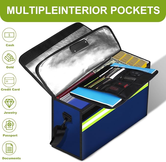 Large Fireproof Money Bags with Lock-6500°F Fireproof Document Box,10 Layers Insulation Materials&Waterproof Zipper,Removable Folder Layers/Wallet,Reflective Strip for Valuables(16.5”x 12.4”x 5.5”)