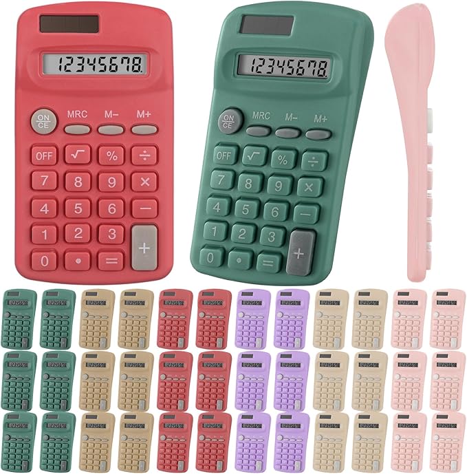 Tellegloww 48 Pcs Pocket Size Basic Calculators Bulk for Classroom Solar Battery Dual Power Display Calculator 8 Digit Colored Basic Calculator for Kids Student School Office