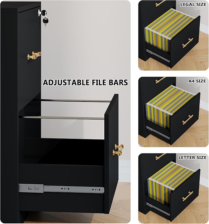 GFGWXW 2 Drawer Vertical File Cabinet with Lock, Suitable for Letter/A4/F4/Legal Size Hanging Files,Small Wood Filing Storage Cabinets Printer Stand for Home Office,Black