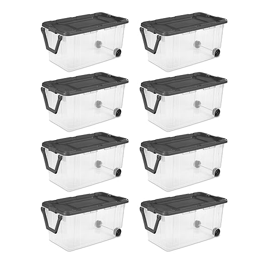 Sterilite 8-Pack Modular Stacker Box, Durable Clear Plastic Storage Bins with Latching Lids, 40 Quart - Stackable Organizing Container Boxes for Closet, Bathroom, and Office