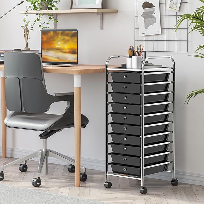 GLACER 10 Drawers Rolling Cart, Storage Cart with w/Removable Drawers & Steel Frame, Utility Mobile Trolley w/Universal Casters & 2 Brakes, Organizer Cart for Home, School, Office (Black)
