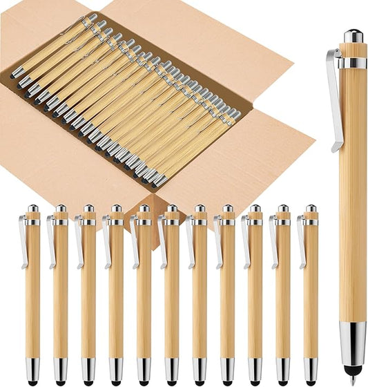 lyforx 200pcs Bamboo Pens Bulk 2-in-1 Stylus Tip Wooden Bamboo Pens Engraving Wooden Ballpoint Pen Customizable Gift Pen Bulk