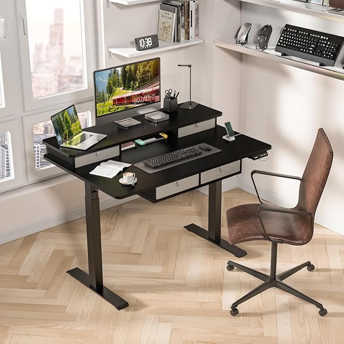Kingant 48 x 30 Inch Electric Standing Desk with 4 Drawers, Adjustable Height Computer Desk for Home Office, Large Workstation Sit Stand Up Desk with Built-in USB A/C Charging Ports, Black