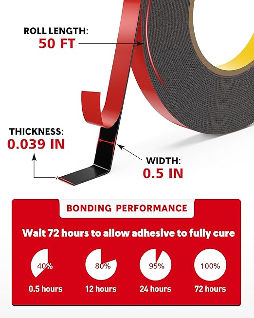HitLights Double Sided Tape Heavy Duty, 1/2 in x 50 ft, Adhesive Mounting Tape Waterproof, Strong Double Stick Foam Tape for Walls Poster Automotive Outdoor Home (Pack of 1)