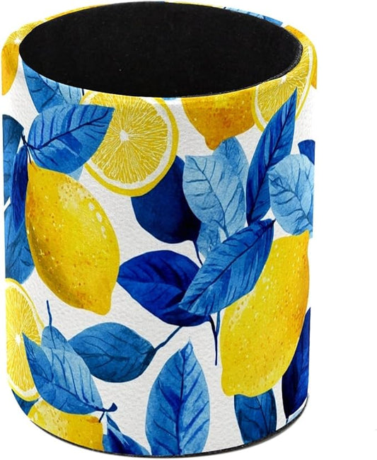 Leather Pen Holder for Desk Lemons Blue Leaves Pattern Pencil Cup Desktop Organizer Makeup Brush Holders Office Supplies for Home, Kids & School