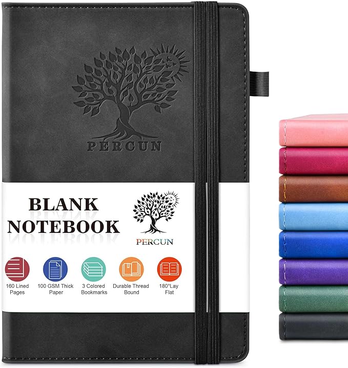 PERCUN Blank Journal Ntebook for Men & Women, 160 Pages Blank Journals for Writing, Drawing,Sketch Book,5.9" x 8.5" Leather Sketchbook, Unlined Notebook for Work, School, Art (Black)
