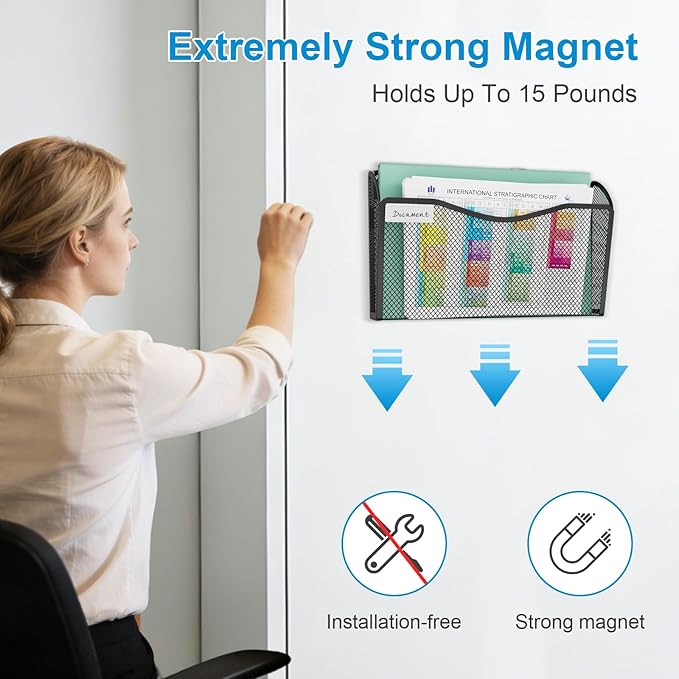 BOHDK Magnetic Wall File Holder 3-Pack - Mesh Organizer with Strong Magnets for Office, Home & School - Space Saving Black Document Organizer
