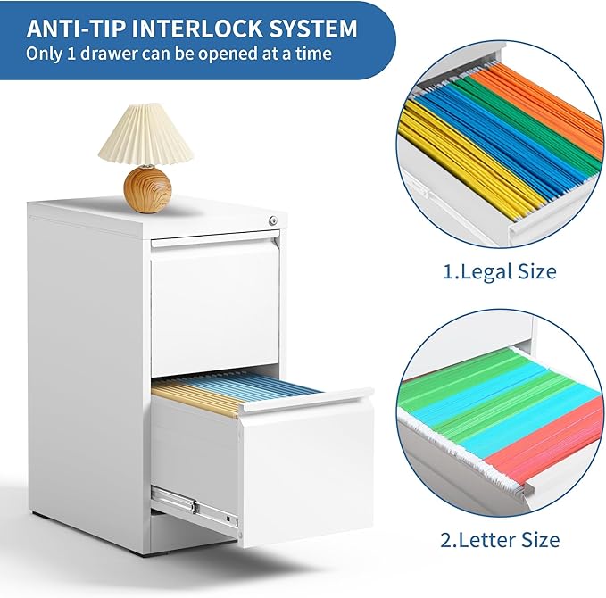 FLIXELIO 2 Drawer File Cabinet with Lock,Metal Vertical Filing Cabinets for Home Office,Heavy Duty File Storage Cabinet for Letter/Legal/A4/F4 Size File,Assembly Require (White, Vertical 2 Drawer)