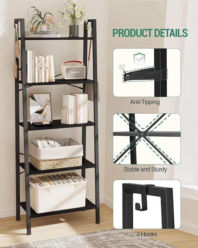 Hzuaneri Ladder Shelf, Bookshelf Bookcase, Freestanding Corner Storage Shelve with 2 Hooks for Home Office, Living Room, Kitchen, Bedroom, Industrial, 11.8" D x 23.6" W x 63" H, Black BC19304B