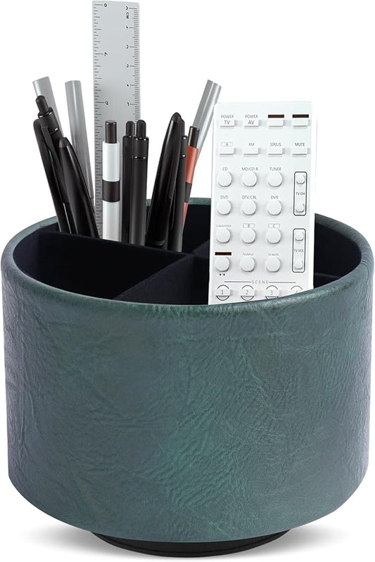 Hennaja Round Leather Art Supply Organizer,Remote Control Holder,360 Degree Spinning,Multi-Functional Pencil Holder,4 Compartments Desktop Stationary Organizer(1-Crazy Green)