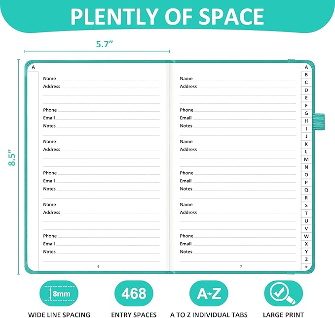 Comkiso Address Book with Individual Alphabetical Tabs Laminated, Large Print Address Book with 468 Wide Lining Entry Spaces, Change of Address Labels, Hardcover Address Book 5.7 x 8.5" - Aquamarine