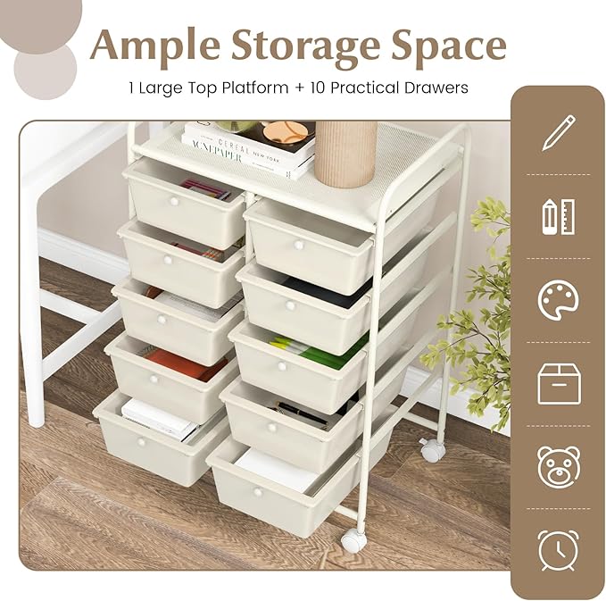 GOFLAME 10-Drawer Rolling Storage Cart, Art Craft Storage Organizer on Wheels, Multipurpose Movable Utility Cart for School, Office and Home, Ivory
