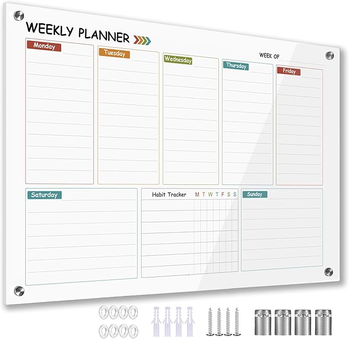 Glass Colorful Weekly Dry Erase Board for Wall,Weekly Planner Whiteboard for Wall 24"x18",Frameless Mounting,Medium Weekly Wall Calendar Dry Erase for Office/School/Home