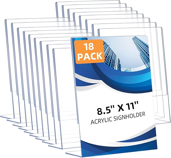 DECOHOBO 18 Pack Acrylic Sign Holder 8.5 x 11, Clear Plastic Display Stands for Tabletop, L-Shape Acrylic Stands for Flyers, Documents, Office, Restaurants, Vertical Sign Holder 8.5x11 for Desktop