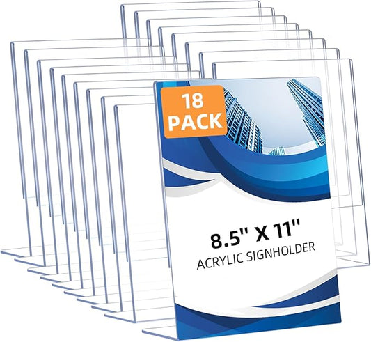 DECOHOBO 18 Pack Acrylic Sign Holder 8.5 x 11, Clear Plastic Display Stands for Tabletop, L-Shape Acrylic Stands for Flyers, Documents, Office, Restaurants, Vertical Sign Holder 8.5x11 for Desktop