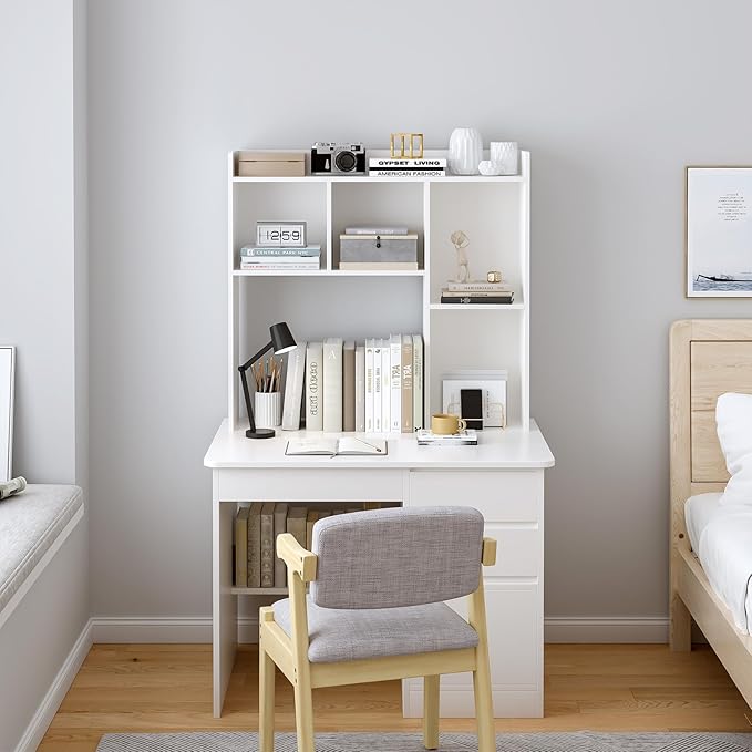 OSCHF Wooden Desktop Hutch Bookshelf - Free Standing Desk Storage Shelf with Top Edge for Computer Desk, Desktop Bookcase for Dorm, Home or Office, Countertop Organizer, White, 37.4"