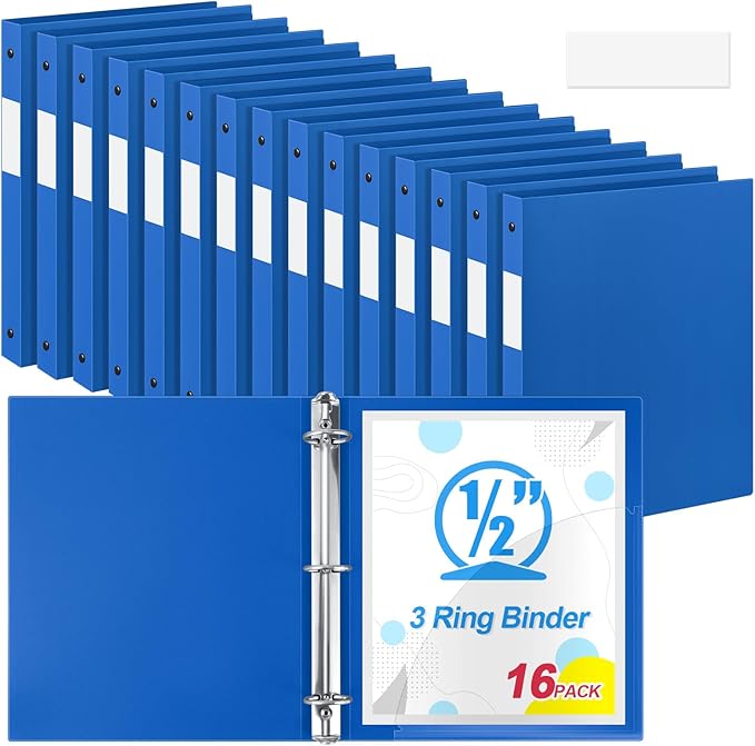 Henoyso 16 Pcs 3 Ring Binder 0.5 Inch Round Fits Letter Size 8.5'' x 11'' Paper Plastic Flexible Binder Bulk Holds 140 Sheets with 1 Pockets Versatile Organizer for Home Office School (Blue)
