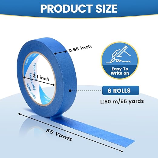 SUNSHINETOP Blue Painters Tape, 6 Rolls Paint Tape 1 Inch Wide (0.98 in. x 55 Yds) Blue Masking Tape Protects Surfaces, Painter's Tape for Indoor and Outdoor Use, Easy Removal (6PCS)