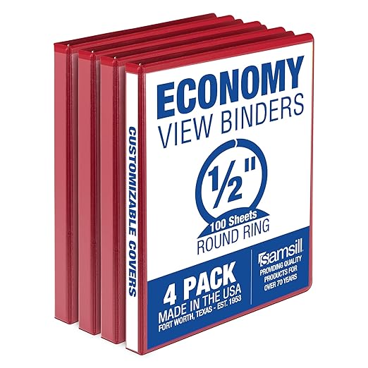 Samsill 0.5 Inch 3 Ring Binder, Made in USA, Economy Round Ring, Clear View Cover, 100 Sheet Capacity - for School, Home, Office - Red, 4 Pack