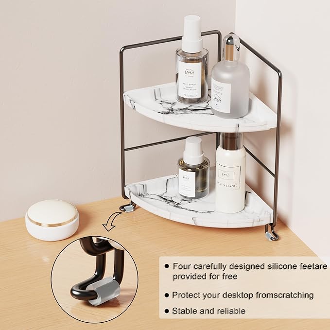 JANUSLiANG Small Corner Kitchen Organizer,Spice Rack,Bathroom Organizer, Countertop Makeup Shelf Cosmetics Storage Display Rack Vanity Shelf,Plastics imitation marble design,Tool-Less Install (Black)