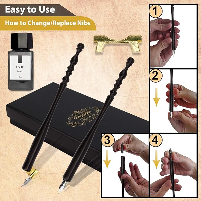 Trustela Calligraphy Set for Beginners, Dip Pen Set with 19 Nibs, Oblique Pen Holder, Wooden Pen Set