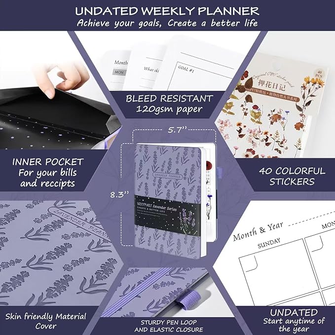 Undated Luxurious Weekly & Monthly Planner to Increase Productivity Hit Your Goals, Organizer Notebook Gratitude Journal Time Management Start Anytime, A5, Lasts 1 Year