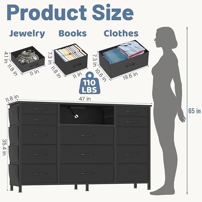 HCHQHS 47 Inch Dresser for Bedroom with 13 Drawers,Side Pockets Hooks and Lights with Remote Control,Hallway,Closet,Kitchen,Large TV Stand (Black)