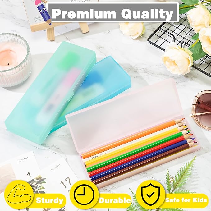 Fainne 24 Pcs Plastic Pencil Case Bulk Pencil Boxes Plastic Stationery Case Frosted Pen Box Pen Holder with Hinged Lid Snap Closure for Office (Single Layer,Multicolor,7.09 x 2.36 x 0.98 Inch)