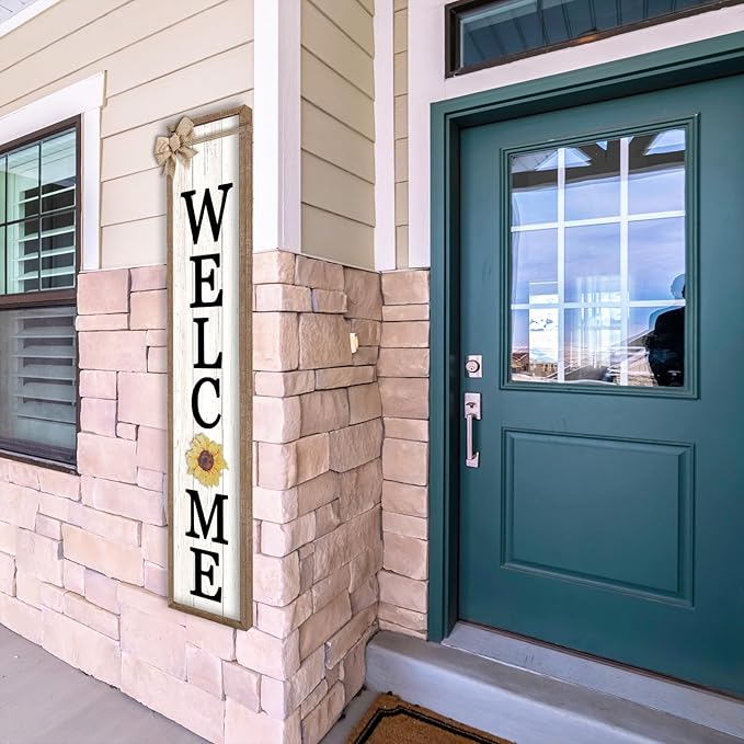 LuZhiQiang Front Porch Welcome Sign for Interchangeable Standing 45"X9" With 12 Pcs Replaceable Icons Wood Frame Signs Outdoor Front Door Decor (Wood White)