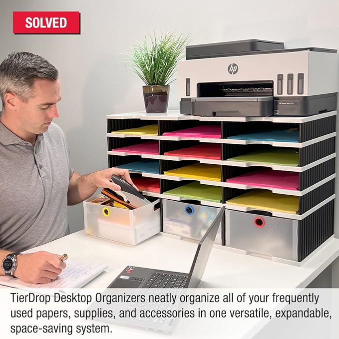 Desktop Organizer 12 Letter Tray Sorter Plus Riser Storage Base & 3 Storage Drawers - Ultimate Office TierDrop Desktop Organizer Stores All of Your Documents & Supplies in One Compact Modular System
