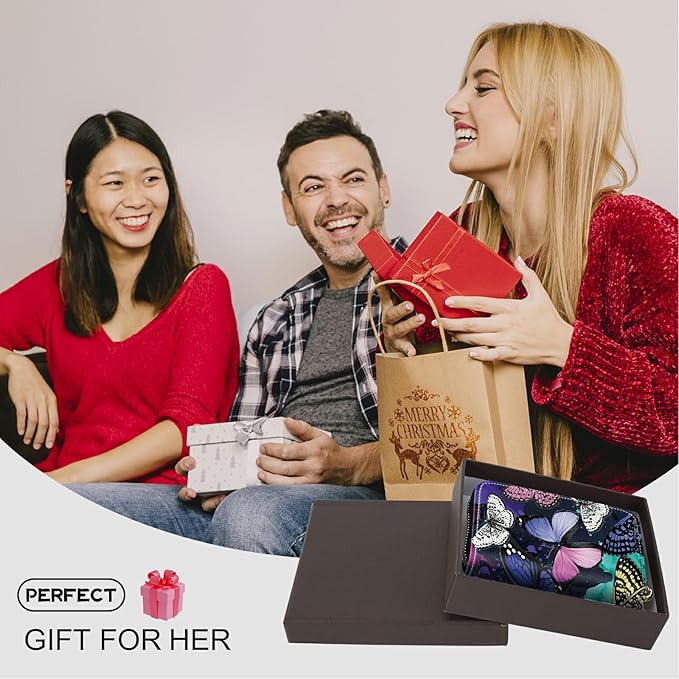BWEGRHE Cute Credit Card Holder with Zipper, Color Butterfly RFID-Blocking Card Case Small Wallet for Women Men, Multi-slot Card Organizer Case Travel Accordion Wallet