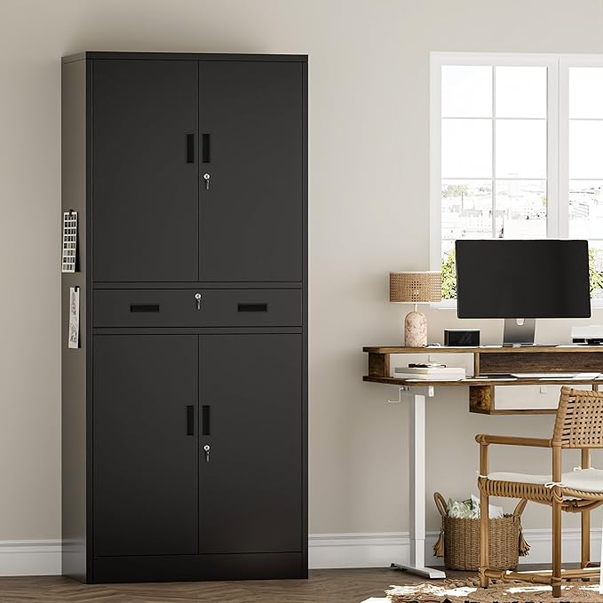 TaskStorz Metal Storage Cabinets with 1Drawer, 71" Storage Cabinet with 4 Locking Doors and 2 Adjustable Shelves, Steel Storage File Cabinet for Pantry Home, Kitchen, Office, Garage (Black)