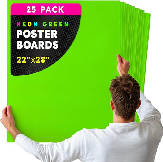 Hygloss Large Poster Board 22x28 - 25 Neon Green Single Color Poster Boards Bulk Pack - 10 Pt. Thickness Colored Poster Board Paper for Projects, Signs, Displays - Posterboard Multipack 22" x 28"