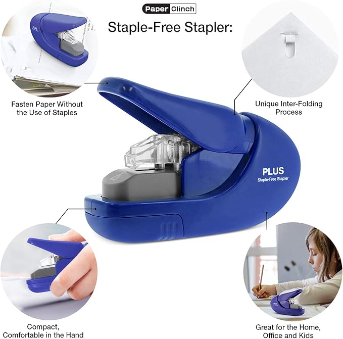 Plus Paper Clinch Compact Staple-Free Stapler, Blue