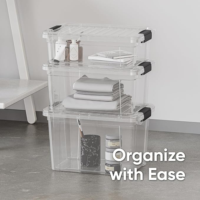 Superio Clear Storage Boxes with Lids, 8.75 Quart Plastic Container Bins for Organizing, Stackable Crates, BPA Free, Non Toxic, Odor Free, Organizers for Home, Office, School, and Dorm