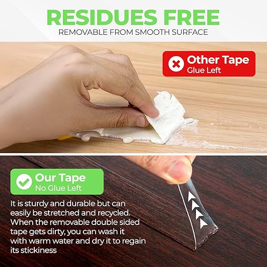 Nano Double-Sided Clear Adhesive (16.5f) Tape mounting Tape for Picture Hanging Water Proof Suitable for Rugs Washable Removeable tracelss multiuse Office and Out Door use Cinta adhesiva Doble cara