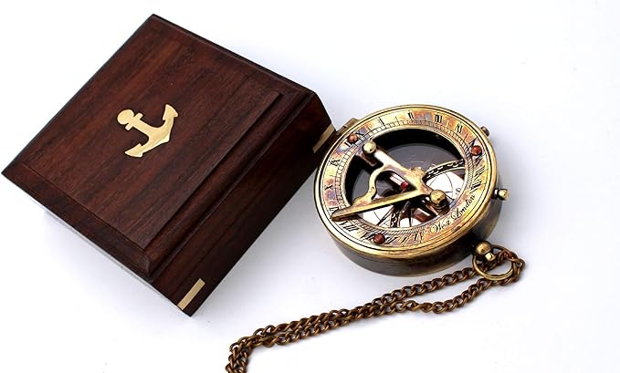 Captain's Brass Sundial Compass – Vintage Marine Nautical Compass, Functional Navigation Tool for Camping, Hiking, Outdoor Adventures, Collectible Gift for Men
