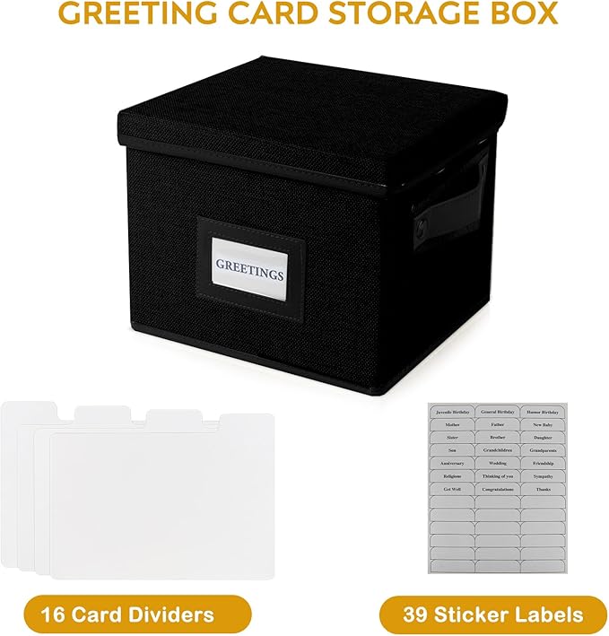 Greeting Card Organizer Box with 16 Dividers,Collapsible Greeting Card Storage Box with Handles Hold 150+ Cards,Greeting Card Holder for Greeting Cards,Sticker, Recipes, Photos, Envelopes
