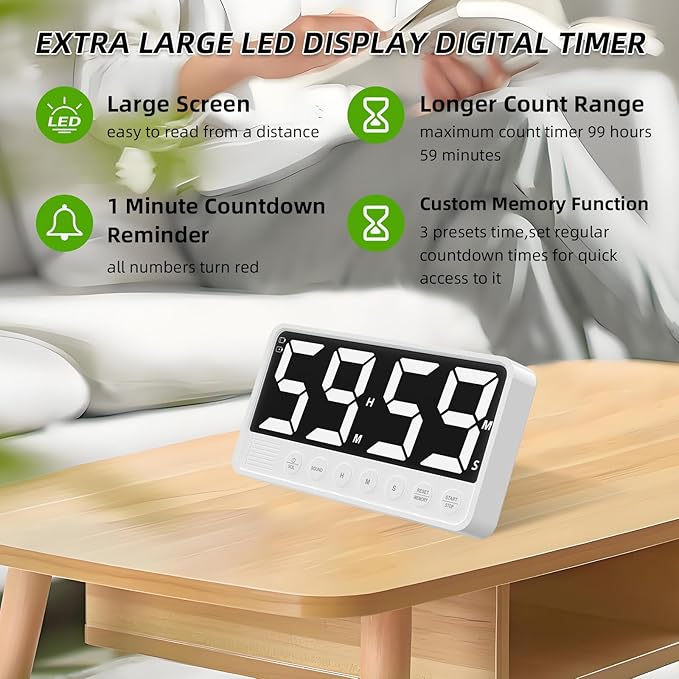 PULIVIA Extra-Large Display Digital Kitchen Timer with 7.4” LED Screen, 6 Alarms & 4 Volume Levels, 3 Memory Presets, Magnetic Stand Rechargeable Count Down/Up Timer for Cooking Home Gym, White