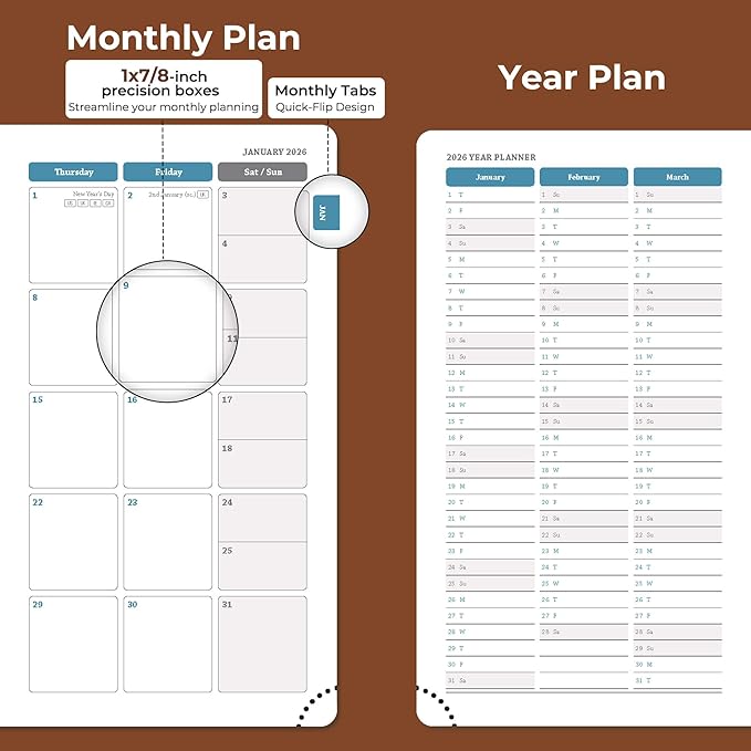 IN-LUXPRO Planner 2026 Daily Weekly and Monthly,6.5"x3.75",12 Months Spiral Bound Calendar Agenda with Self-adhesive Pen Holder,2026 Appointment Book with Vegan Leather Soft Cover,Brown