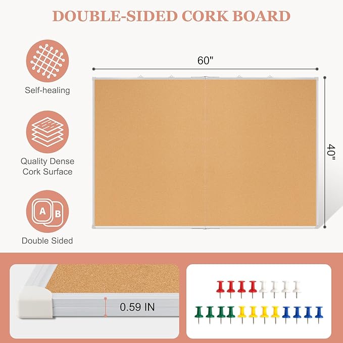 AMUSIGHT Double-Sided Large Cork Board, 60" x 40" Foldable Hanging Aluminum Framed Bulletin Board, Vision Board Pin Board Corkboards for Walls, Office, School Decor, 20 Pushpins
