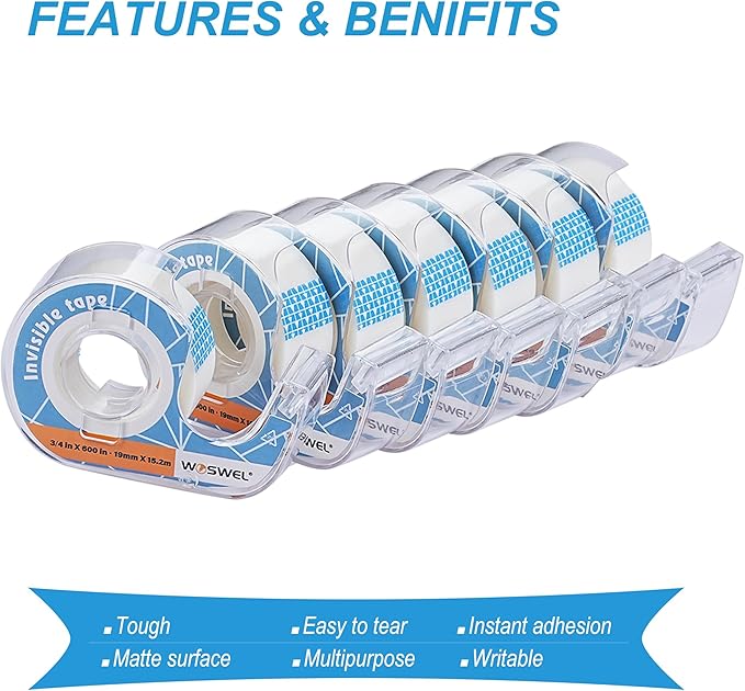 WOSWEL Tape Refills with Dispenser, 24 Roll Invisible Tapes, 3/4 Inch X 600 in, Gift Wrapping Tapes Supplier for Valentine's Day Home School Office Use