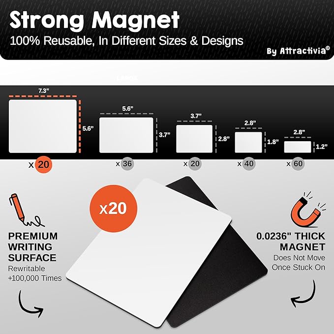 Attractivia Dry Erase Magnetic Labels 7.3 x 5.6 in, Dry Erase Magnets, 20-Pack, White Erasable Write-On All-Purpose Labels, for Office, Education, Home, Whiteboard