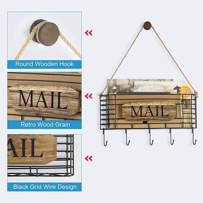 SRIWATANA Mail Holder, Rustic Mail Organizer Wall Mount Hanging Mail Sorter Letter Basket with 5 Key Holder for Wall, Large, Carbonized Black