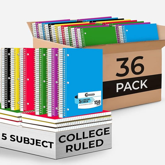 Rosmonde Spiral Notebook 36 Pack, 5 Subject, 300 Pages/Book (150 Sheets), College Ruled, 8 x 10-1/2, School & Office Bulk Spiral Notebooks, Sturdy Spiral Journal Notebook, Soft Cover, Assorted Colors