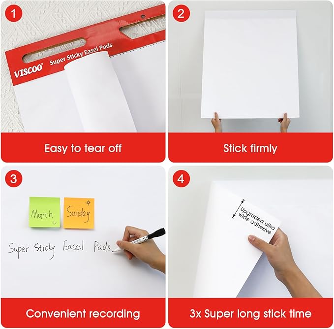 VISCOO Thickened Sticky Easel Pad, 25 x 30 Inches Large Chart Paper for Teachers, 10 Pads Self Stick Easel Paper for White Board, White Sticky Anchor Chart Paper, with Sticky Note, 300 Sheets/10 Pads