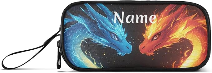 BOENLE Custom Dragons Red Blue Fire Eyes Pencil Case Box Boys Girls Personalized Name Large Pencil Pouch Stationery Pen Bag Organizer for Kids Adults School Office
